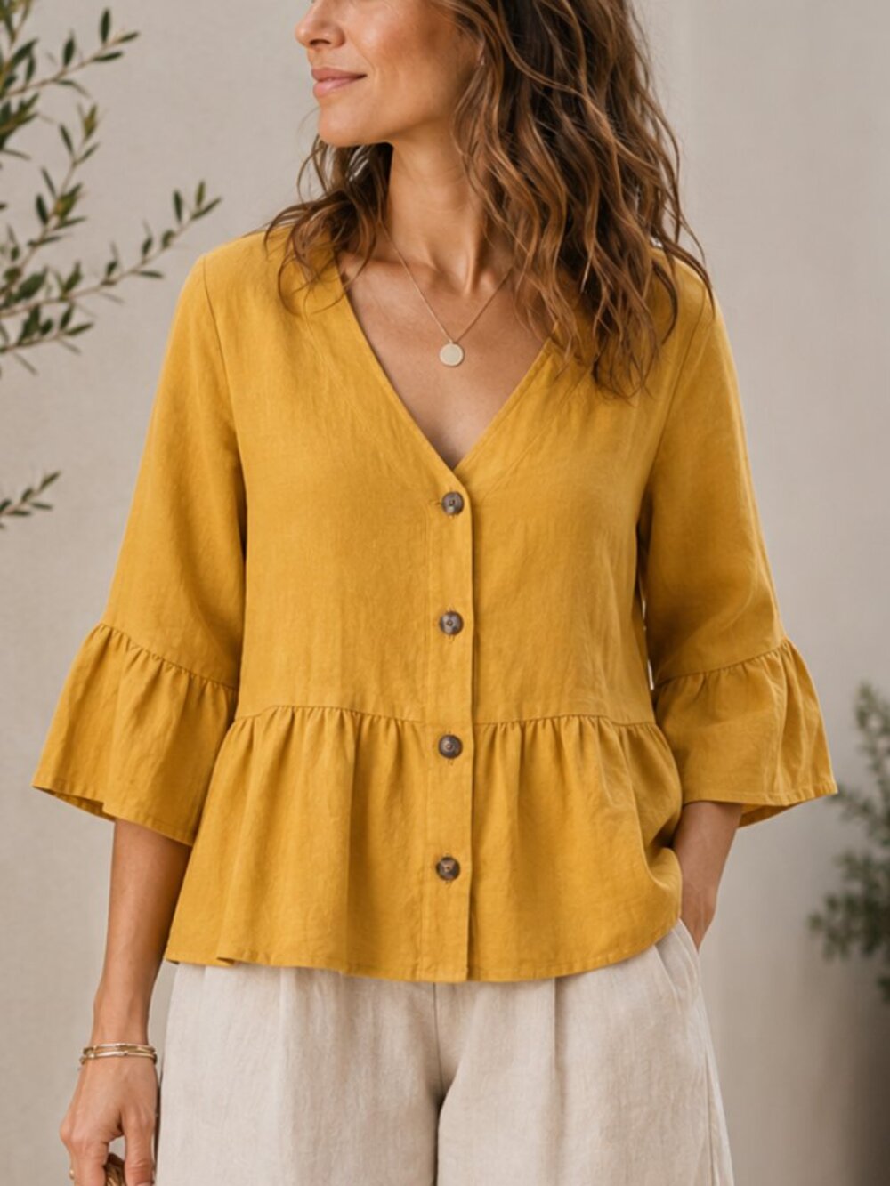 Ann Taylor Mustard Linen Blend Babydoll Peplum Blouse M Button Front Lagenlook